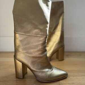 Stuart Weitzman 'Straighten' Pointy Toe GOLD Leather Knee-High Boots 9